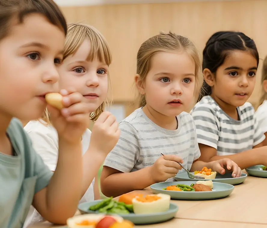 Group of young children smiling and eating fresh, healthy fruit.