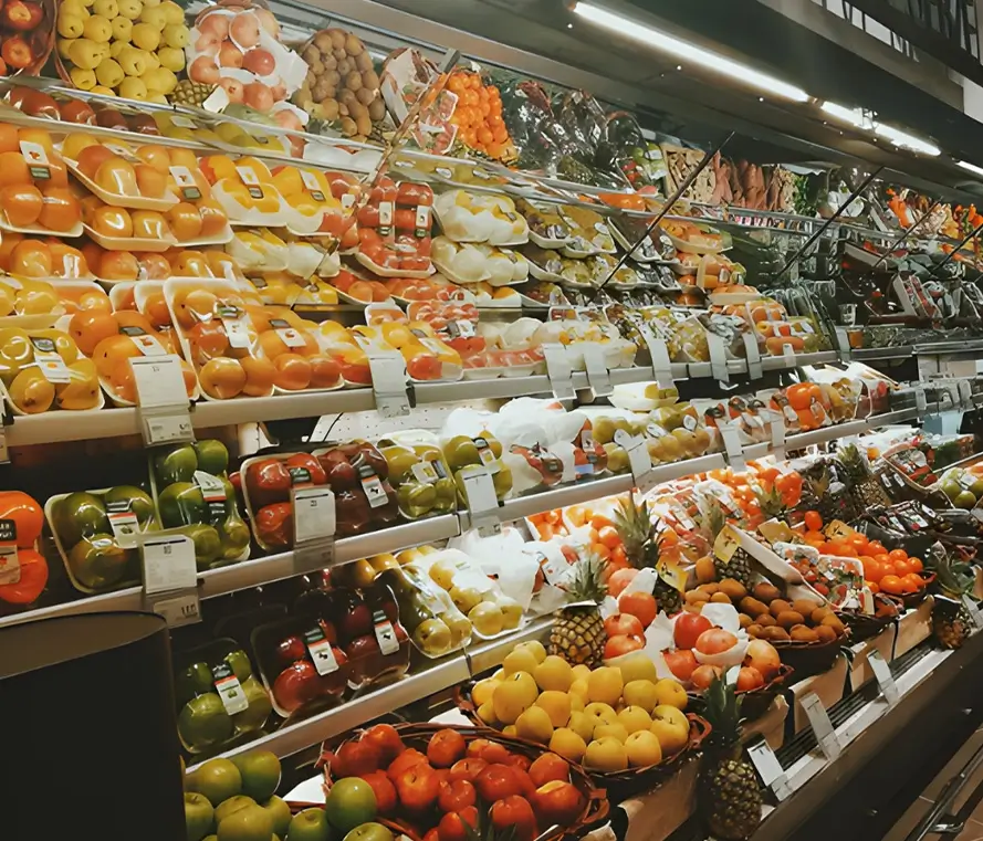A clean, well-stocked supermarket fruit section featuring fresh produce.