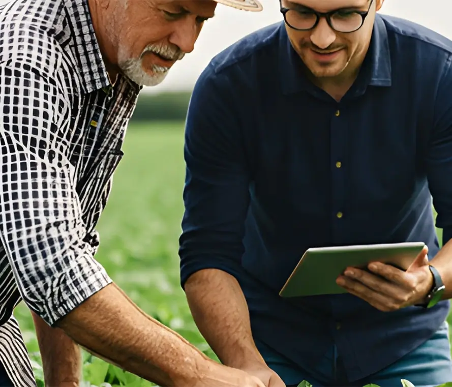Two professionals, a grower and a seller, inspecting crops together in the field.