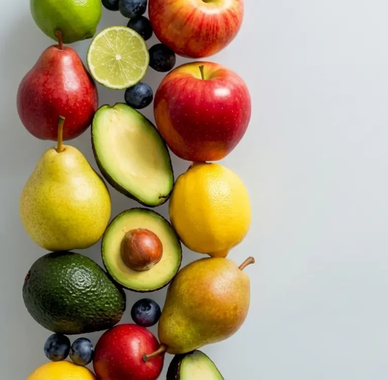 A bounty of various fresh fruits cascading to the side, representing diverse production.